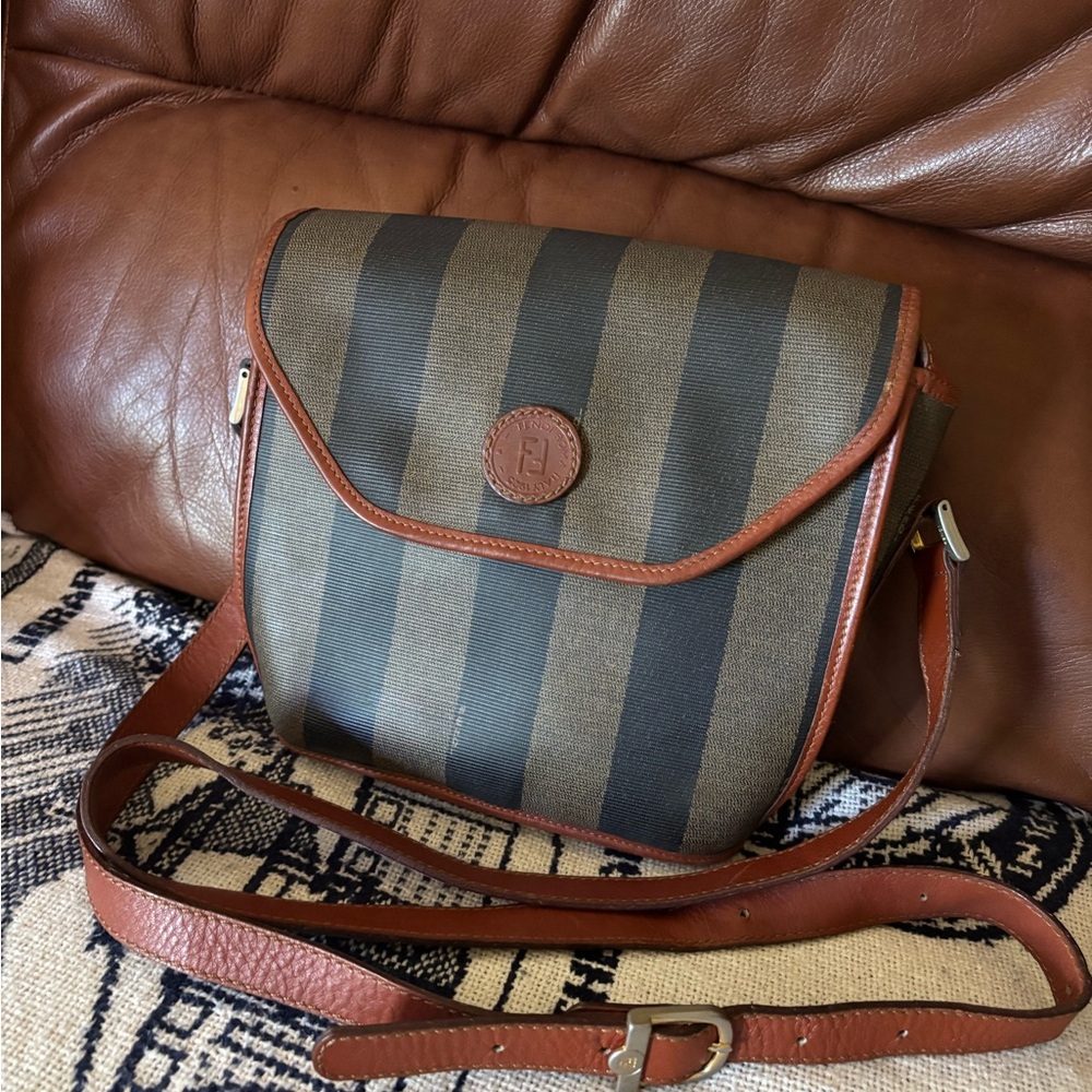 Classic Fendi Striped Coated Canvas Crossbody Bag with Leather Trim